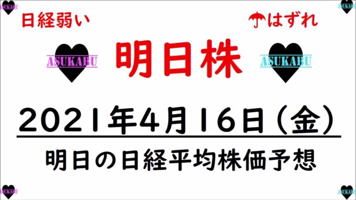 【明日株】明日の日経平均株価予想　2021年4月16日(金)　ＮＹダウ34000ドル突破でも日経平均は強くない( ﾟДﾟ)