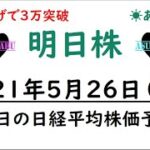 【明日株】明日の日経平均株価予想　2021年5月26日(水)　日経平均株価は５日続伸中(/ω＼)　明日の前場で一旦利益確定します宣言の巻♪