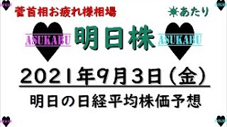 【明日株】明日の日経平均株価予想　2021年9月3日　菅総理お疲れさま相場　もう乗るしかないこのビッグウェーブに！