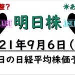 【明日株】明日の日経平均株価予想　2021年9月6日　日経平均株価は３万３０００円まで一気に上昇(/ω＼)