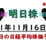 【明日株】明日の日経平均株価予想　2021年11月16日 ４連勝でこのままいっきに駆け上がる！　明日は下落！