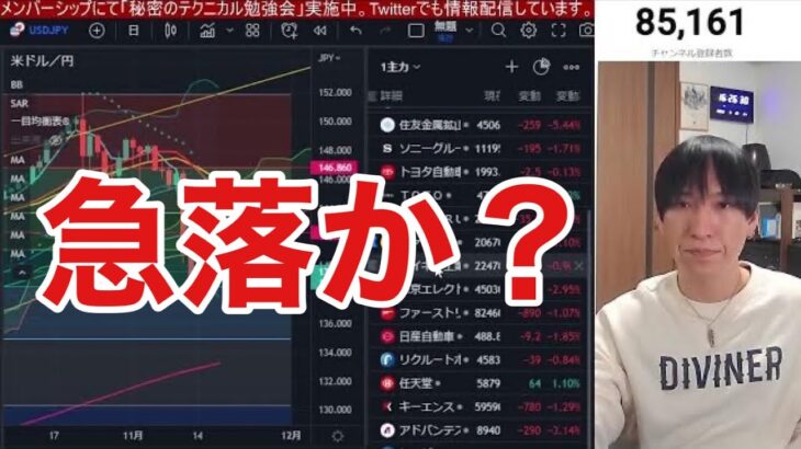 【11/17】日本株、米国株下落再開か？半導体株が急落。レーザーテックが8％安。NASDAQ、SOX指数どうなる？円高加速で日本株の優位性低下。ビットコイン、仮想通貨キツイ。