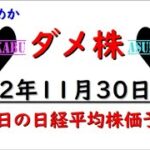 【ダメ株】明日の日経平均株価予想　2022年11月30日　明日こその巻