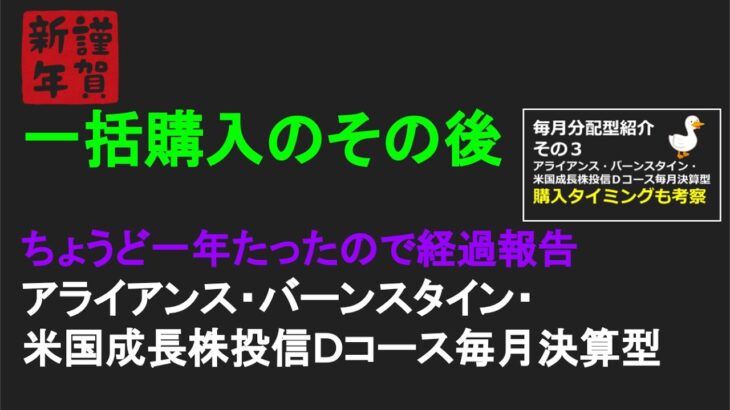 NISA 1年経過報告　一括購入のその後　アライアンス・バーンスタイン・米国成長株投信Ｄコース毎月決算型　#投資信託  #ゆっくり  #高配当  #毎月分配型  #アライアンス・バーンスタイン