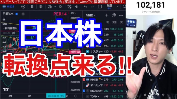 【4/14、日本株急騰。ここが転換点や！！】ファストリ大幅高で日経平均急伸。バフェットが商社株買い増し。米国株、ナスダックは銀行株決算が正念場。ドル円下落で円高加速。仮想通貨ビットコイン強い！！