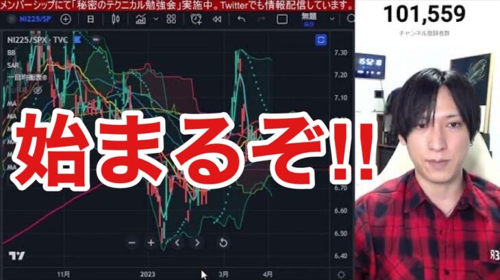 【4/5、日本株急落また始まった⁉】日経平均が円高加速、ハイテク、半導体株軟調で弱い！！米国株、ナスダックも景気後退、金融懸念で下落。金先物、米国債買いが進行。仮想通貨ビットコインは横這い。