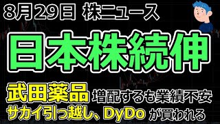 【株ニュース】海外投資家の買いで日本株続伸。武田薬品 増配するも株価への刺激なし。サカイ引っ越し 株式売り出しを中止発表で株の買い入る