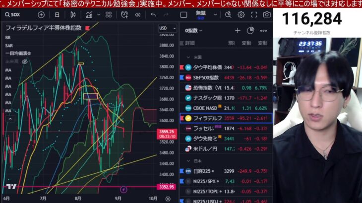 9/7、日本株の動きおかしくない？日経平均ここが天井なんか？半導体株が大暴落。高配当株狂い上げ終了？円安加速でドル円147円。米国株、ナスダック、半導体株がSQ前に下落。ビットコインも弱い。