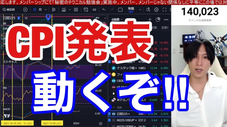 1/11、CPI発表動くぞ！！日経平均６０８円爆上げ！！海外勢の日本株買いが炸裂するか。ドル円145円に上昇で輸出株関連が強い。米国株、ナスダック、半導体株どうなる。仮想通貨ビットコイン強い。