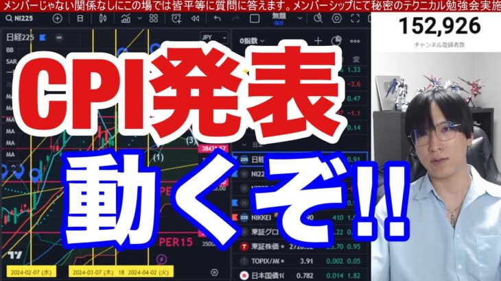 4/10、CPI発表。日本株動くぞ！！日経平均下落始まるのか。ドル円152円突破で円安爆速か。米国株、ナスダック、半導体株もVIX上昇で下落の備え。仮想通貨ビットコイン、金先物に資金移動