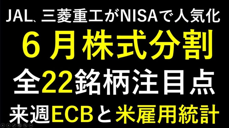 ６月の株式分割と、新NISAランキング。荏原製作所、日立、アシックス、豊田通商、三井物産。～あす上がる株。最新の日本株での株式投資。高配当株やデイトレ情報も～