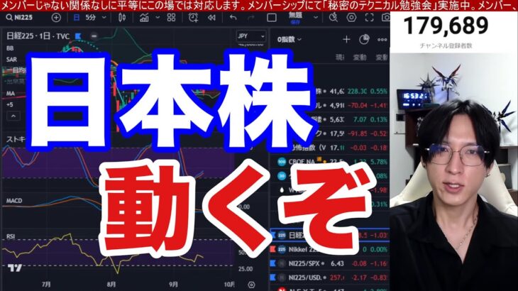 9/20、日本株稼ぎ時や！！FOMC通過で日経平均急騰‼︎ドル円上昇で米国株→日本株優位に。0.5%利下げで米国株、ナスダック、半導体株は下落。仮想通貨BTC上昇。