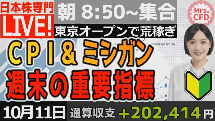 日本株ライブ【10月11日8:50】週末は重要指標　ＣＰＩ＆ミシガン