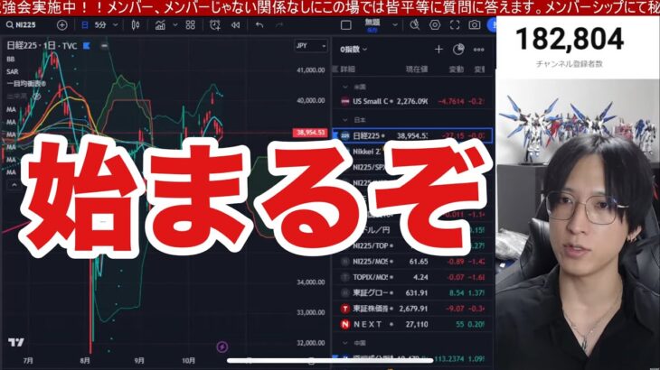 10/23、日本株投げ売り加速。円安、株安、債券安のトリプル安相場。日経平均反発の可能性。東京メトロ大幅高。ドル円急伸で自動車株上昇。半導体株は弱い。米国株最高値推移。仮想通貨BTC、金先物強い。