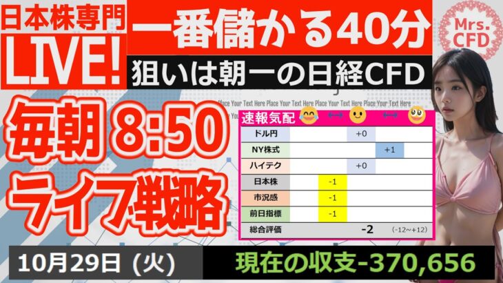 日本株ライブ【10月29日08:50】東京株式・昨日の上昇を調整するか？