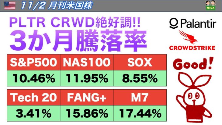 【米国株🇺🇸 新NISA】月刊　3か月騰落率　PLTR CRWDが絶好調✨  (FANG+ USテックトップ20 178A NASDAQ100 半導体SOX等)