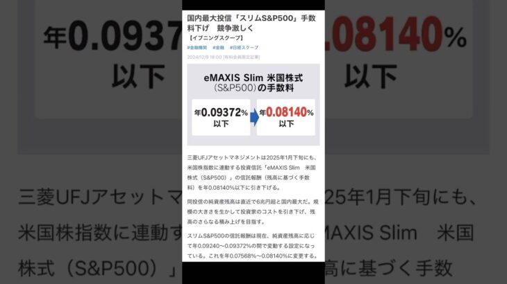 【新NISA】国内最大投信「eMAXIS Slim　米国株式（S&P500）」の手数料引き下げ！ #shorts