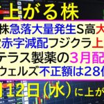 あす上がる株　2025年２月１２日（水）に上がる銘柄。高配当株の急落大量発生、S高も大量発生。資生堂が赤字減配フジクラ上方増配。サンウェルズ28億円～最新の日本株情報。高配当株の株価やデイトレ情報～